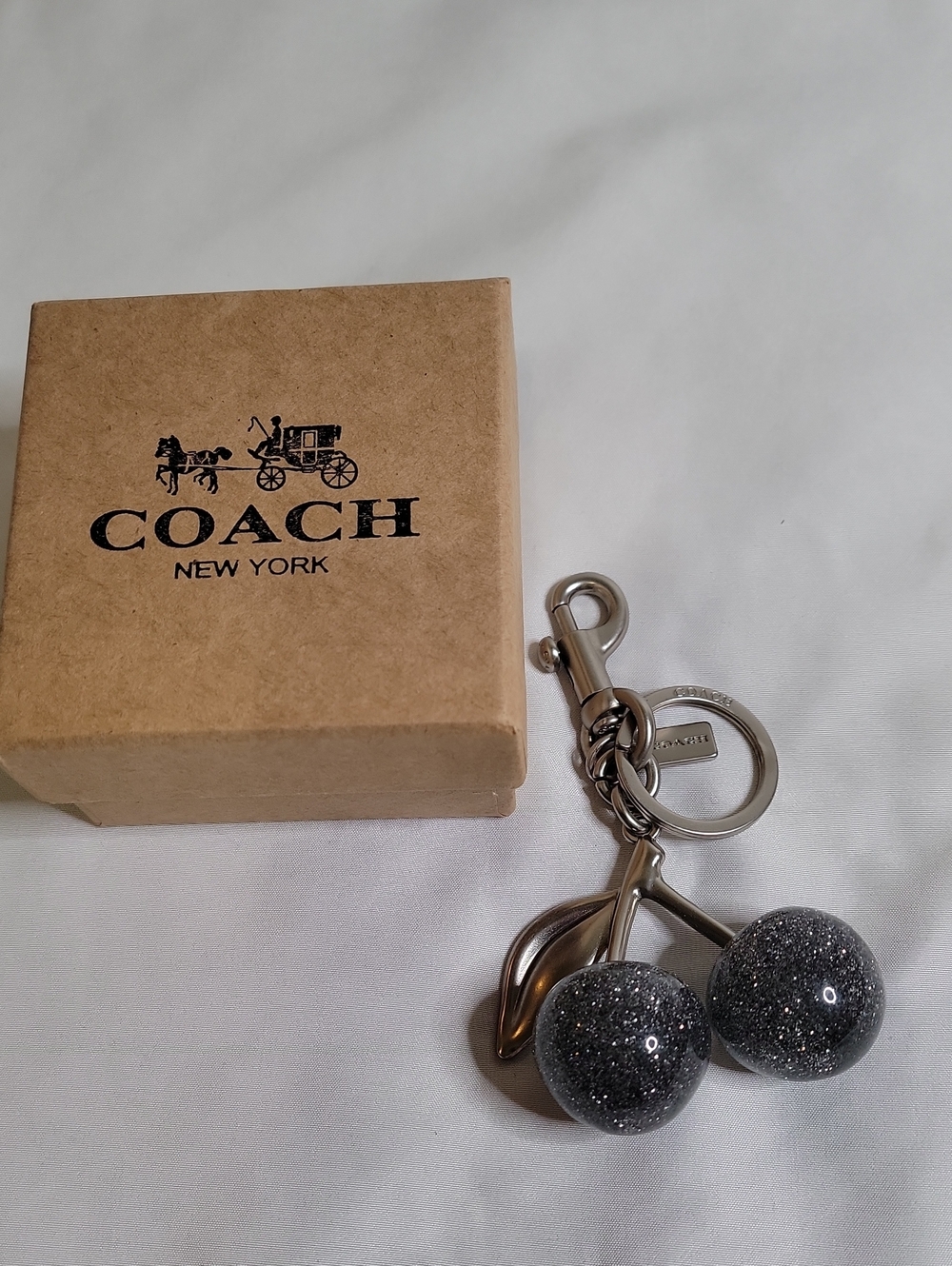 Coach Silver-Tone Keychain / Bagcharm with Silver Glitter Cherry Charms